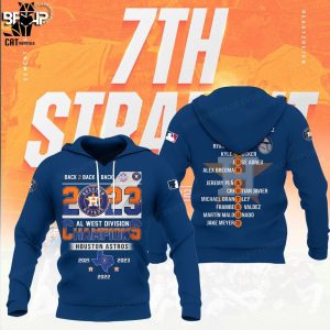 Back 2 Back 2 Back 2023 Al West Division Champions Houston Astros Logo Design Blue On Sleeve 3D Hoodie