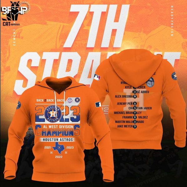 Back 2 Back 2 Back 2023 Al West Division Champions Houston Astros Logo Design Orange On Sleeve 3D Hoodie