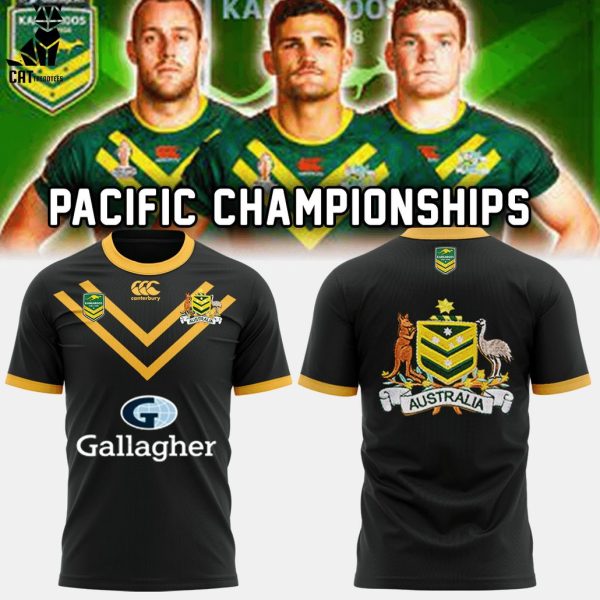 Personalized Australian Kangaroos Pacific Rugby League Championships Australian Gallagher Black With Yellow Trim Design 3D T-Shirt
