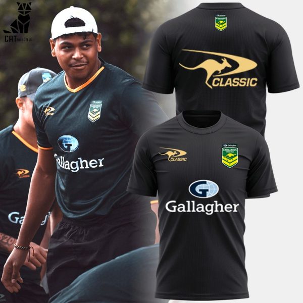 Personalized Australian Kangaroos Pacific Rugby League Championships Gallagher Black With Yellow Trim Design 3D T-Shirt