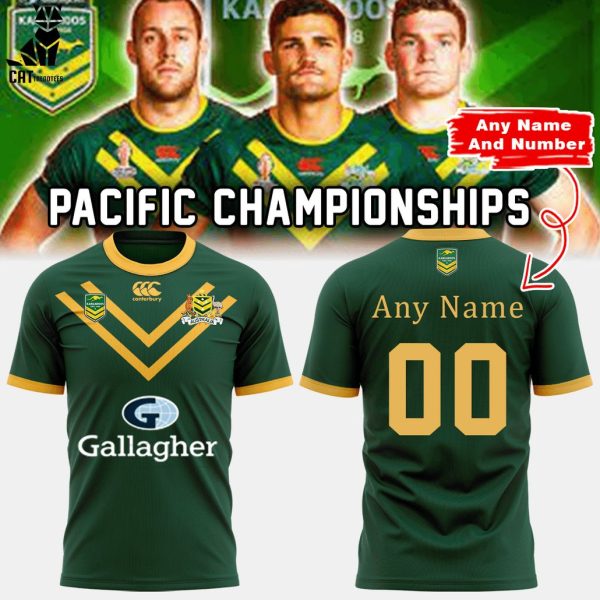 Personalized Australian Kangaroos Pacific Rugby League Championships Gallagher Green With Yellow Trim Design 3D T-Shirt