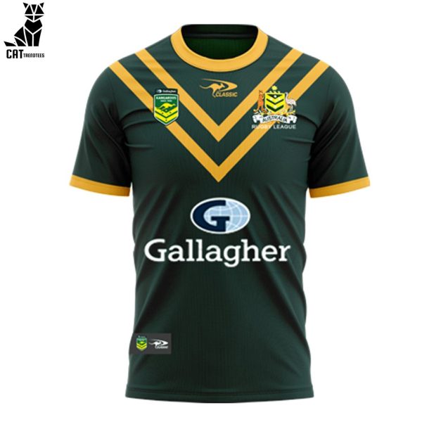 Personalized Australian Kangaroos Pacific Rugby League Championships Green With Yellow Trim Design 3D T-Shirt