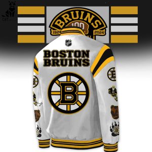 Boston Bruins 100 Centennial 1924 2024 White Design Baseball Jacket
