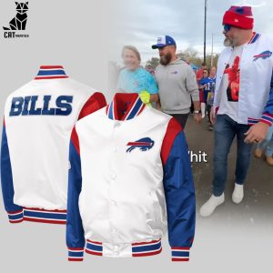 Buffalo Bills White Mascot Mix Blue Sleeve Design Baseball Jacket