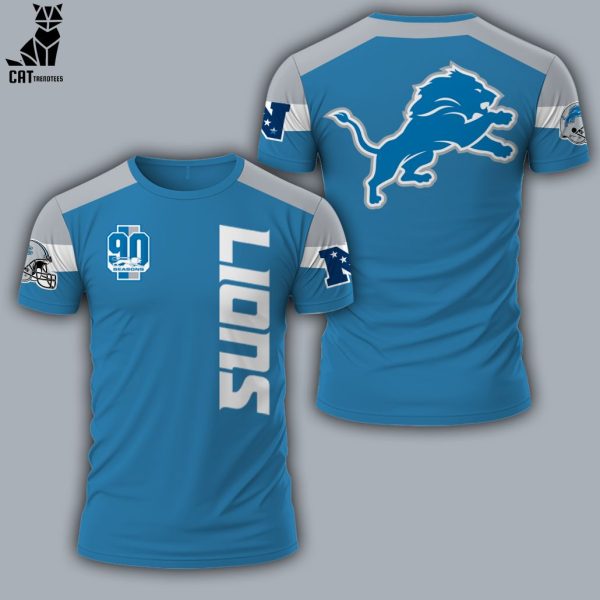 Detroit Lions 90th Season Blue Mascot Design 3D T-Shirt