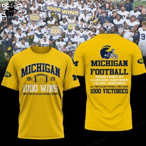 Michigan Wolverines Champion Football 2023 1000 Wins Yellow Logo Design 3D T-Shirt