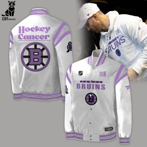 NHL Boston Bruins Hockey Fights Cancer Logo White Purple Design Baseball Jacket