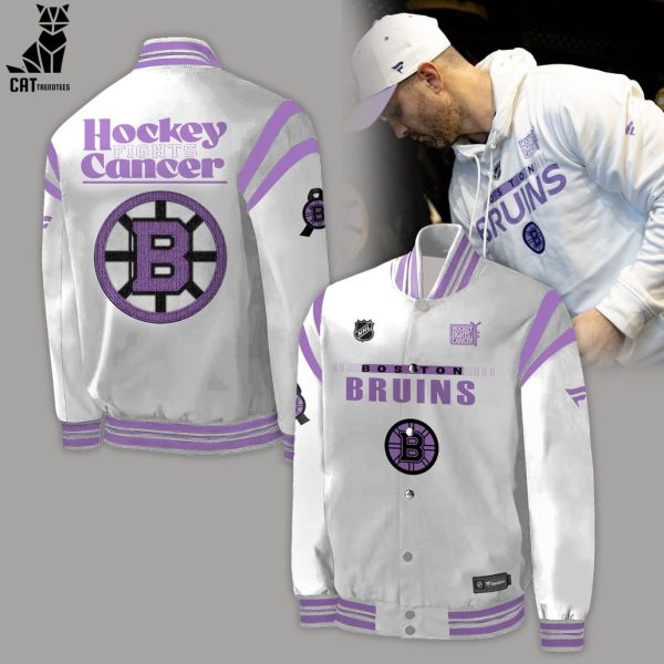 NHL Boston Bruins Hockey Fights Cancer Logo White Purple Design Baseball Jacket
