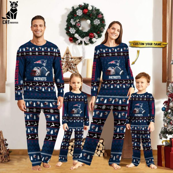 Personalized New England Patriots Christmas And Sport Team Blue Logo Design Pajamas Set Family