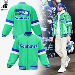 Seattle Seahawks Light Green Blue White Horizontal Stripes Baseball Jacket