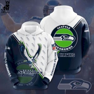 Seattle Seahawks White Blue Mascot Design On Sleeve 3D Hoodie