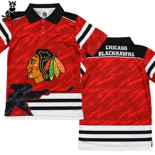 Chicago Blackhawks Red Black Design Sleeve 3D Polo Shirt