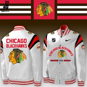 Chicago Blackhawks White NHL Logo Design Baseball Jacket