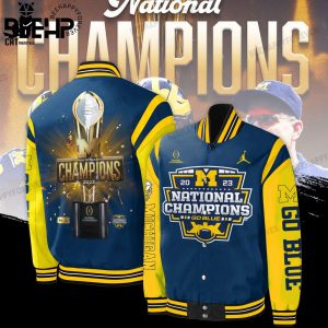 2023 Michigan Wolverines 23 24 National Champions Blue Yellow Design Baseball Jacket