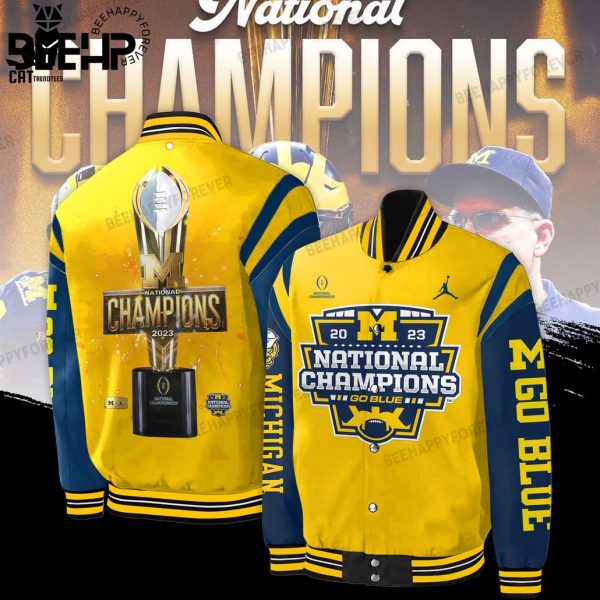 2023 Michigan Wolverines 23 24 National Champions Yellow Blue Sleeve Design Baseball Jacket