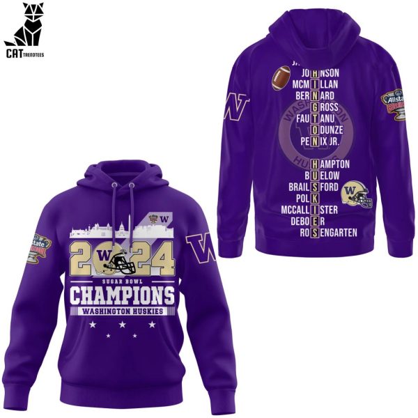 2024 Sugar Bowl Champions  Washington Huskies Purple Logo Design 3D Hoodie