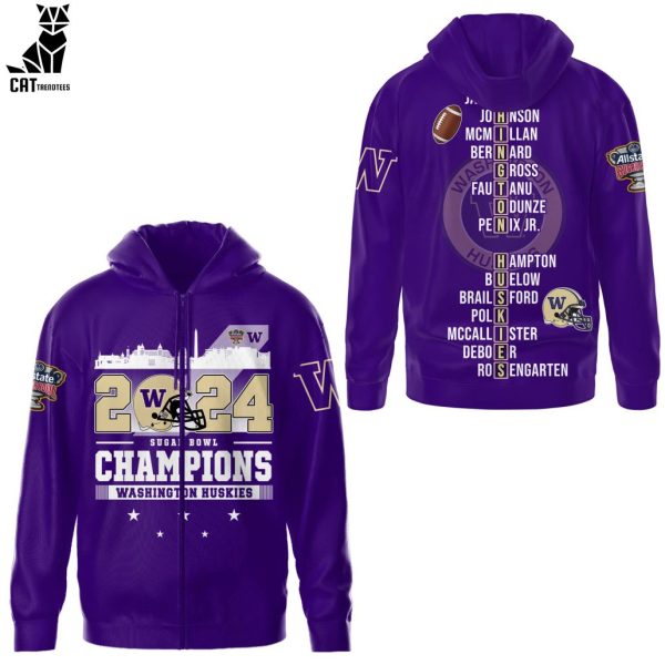 2024 Sugar Bowl Champions  Washington Huskies Purple Logo Design 3D Hoodie