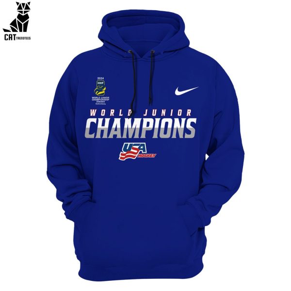 2024 World Junior Championship USA Hockey Nike Logo Blue Design 3D Hoodie Longpant Cap Set