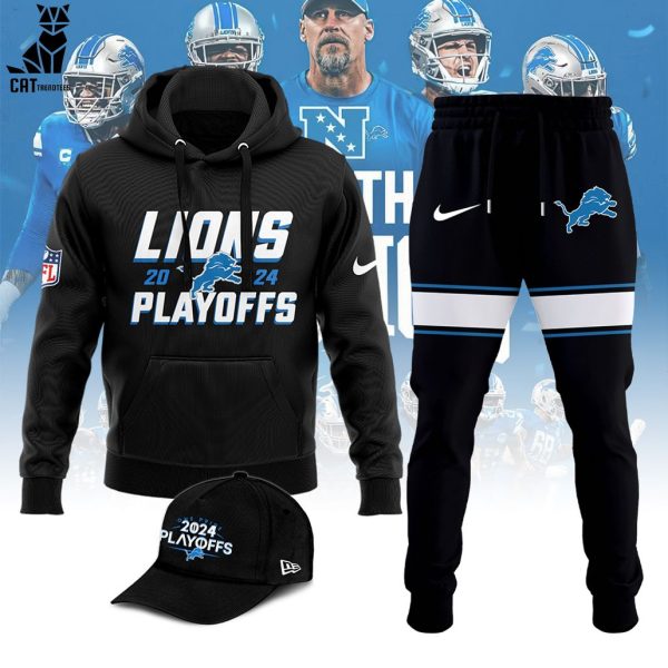 Detroit Lions 2024 Nike 2024 Playoff NFL Logo Black Hoodie Longpant Cap Set