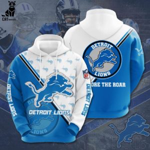 Detroit Lions White Blue Mascot Design 3D Hoodie Longpant Cap Set