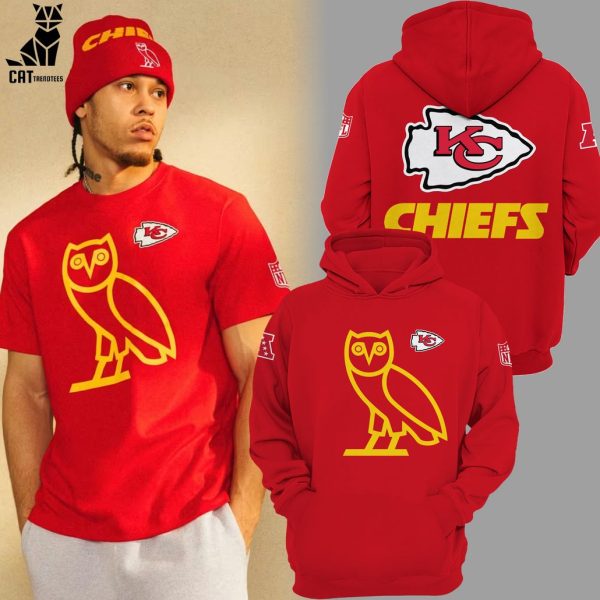 NFL OVO x NFL Red Kansas City Chiefs OG Owl Design 3D Hoodie Longpant Cap Set