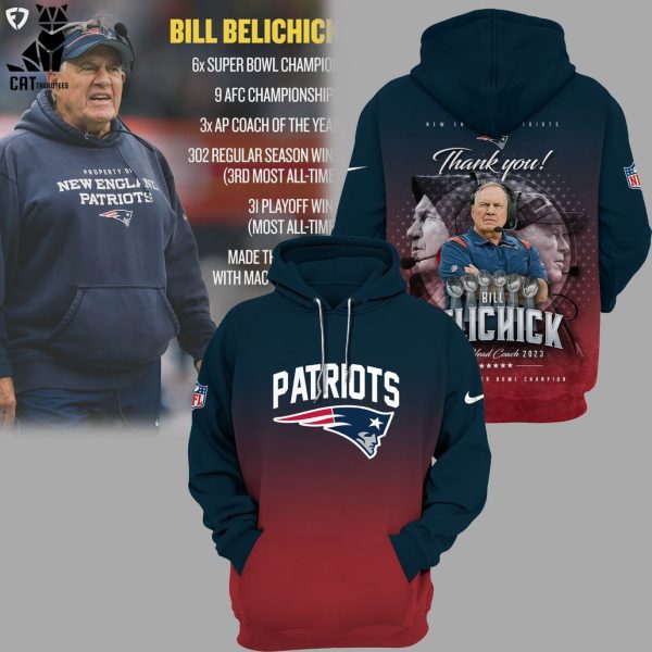 Patriots NFL New England Thank You Head Coach Bill Belichick Logo Design 3D Hoodie