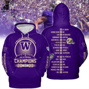 Washington Huskies 2023 Pac-12 Football Conference Champions Purple Design 3D Hoodie