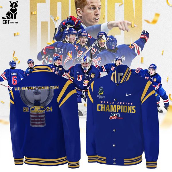 World Junior Ice Hockey USA Champions 2024 Nike Logo Blue Design Baseball Jacket