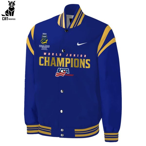 World Junior Ice Hockey USA Champions 2024 Nike Logo Blue Design Baseball Jacket